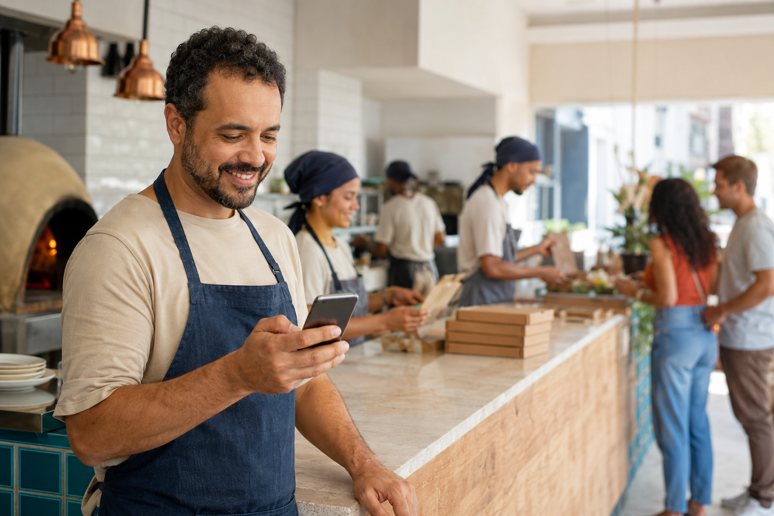 Empreendedor de restaurante acompanhando pedidos e clientes pelo celular